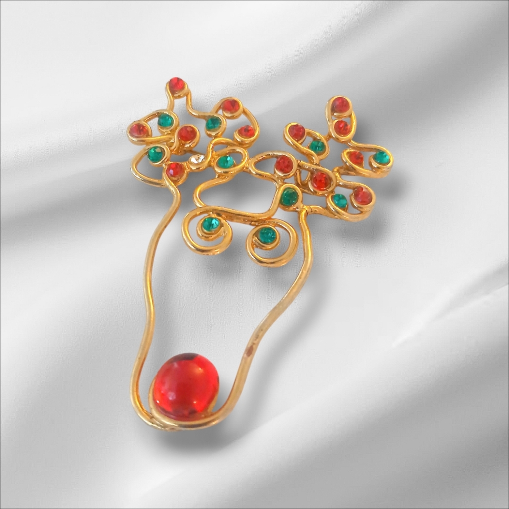 VINTAGE Gold Reindeer Brooch with Red and Green Accents